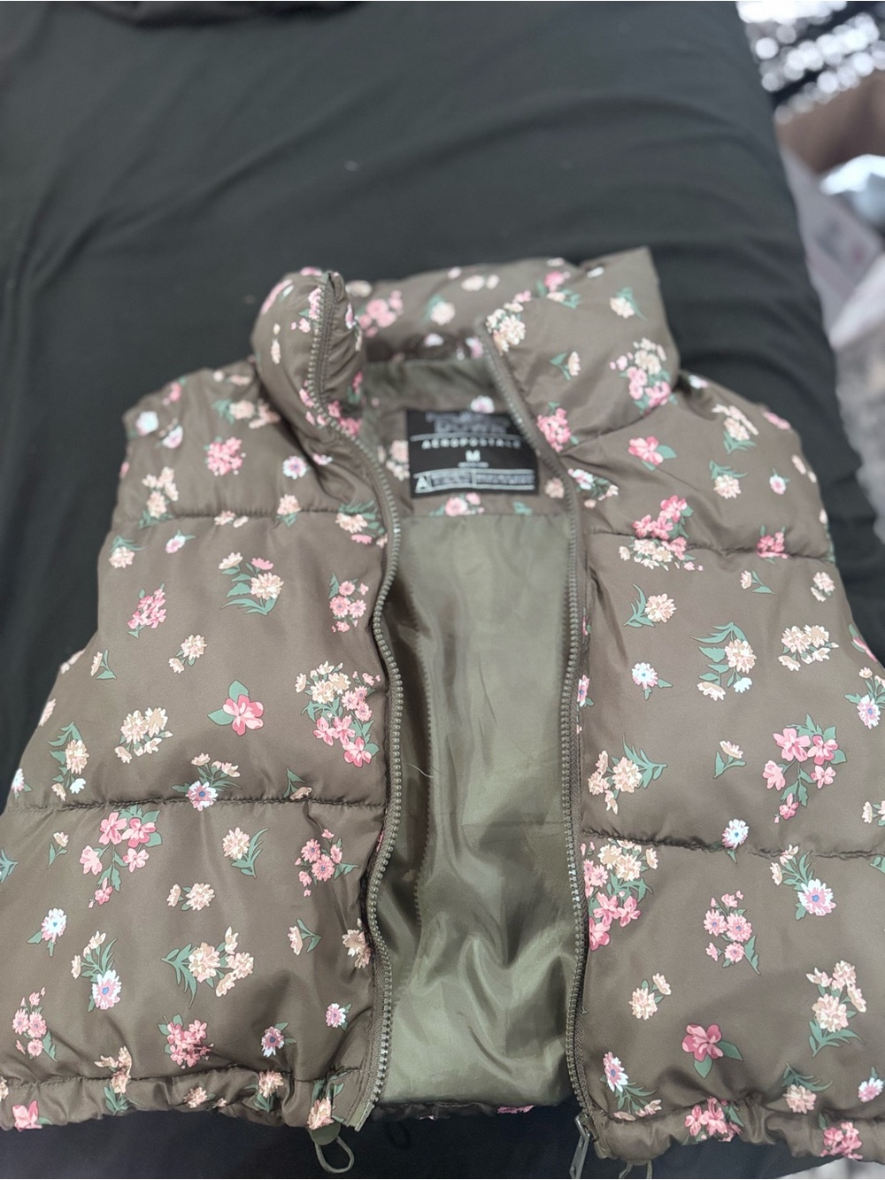 Aeropostale Girls' Olive Green Floral Puffer Vest with Pink Flowers